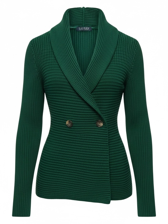 Lauren Ralph Lauren Sweaters - Lauren Ralph Lauren Green Ribbed Shawl-Collar Cardigan Double Breasted SZ L EUC